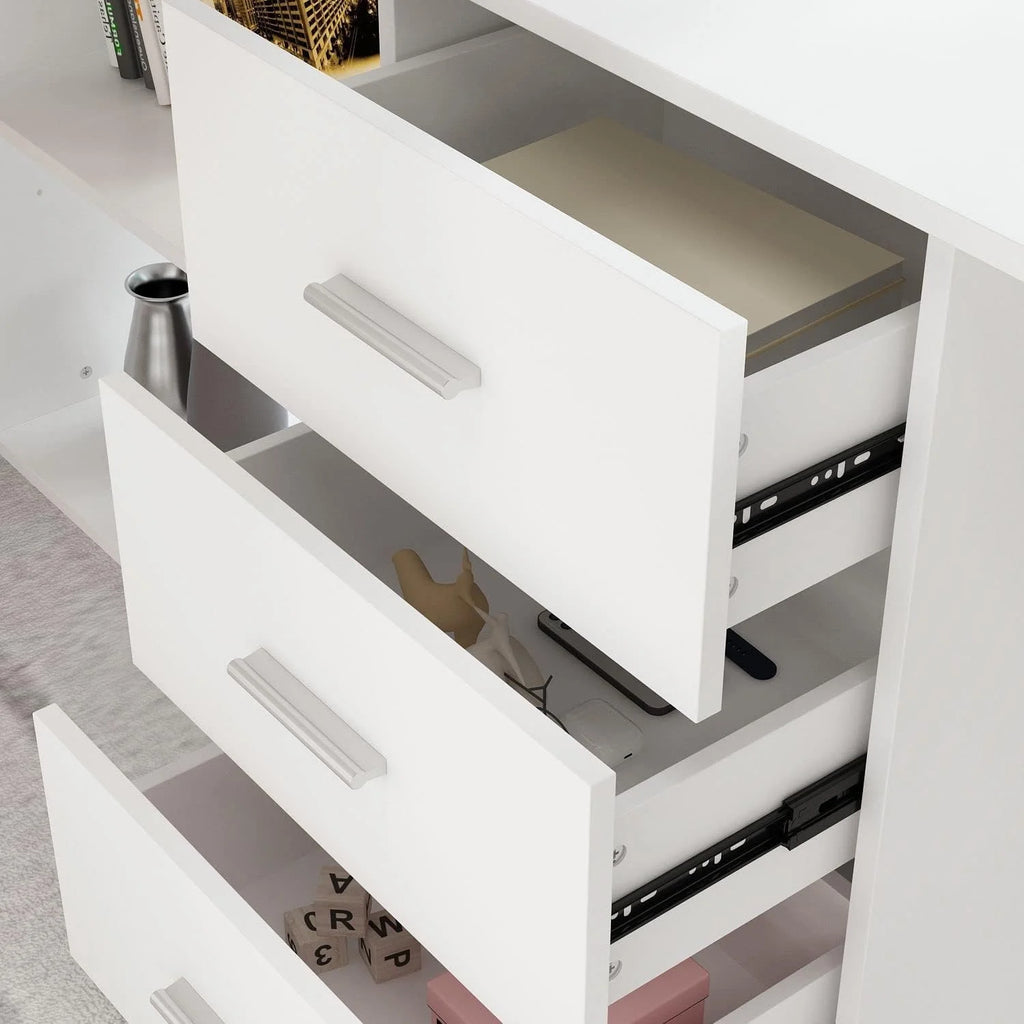 White L-Shaped Desk with 3 Drawers and Shelves A70408