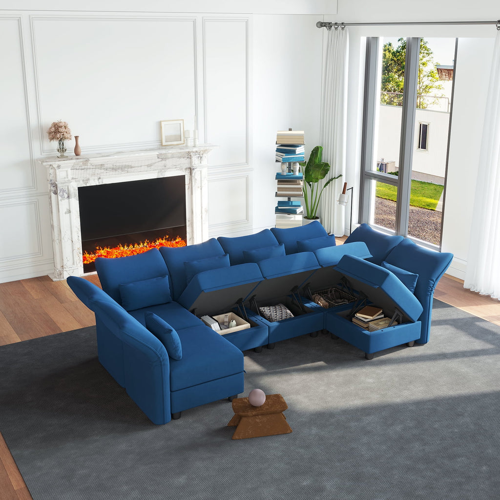 Blue Velvet U Shaped Modular Sectional Sofa with Storage Chaise V8689
