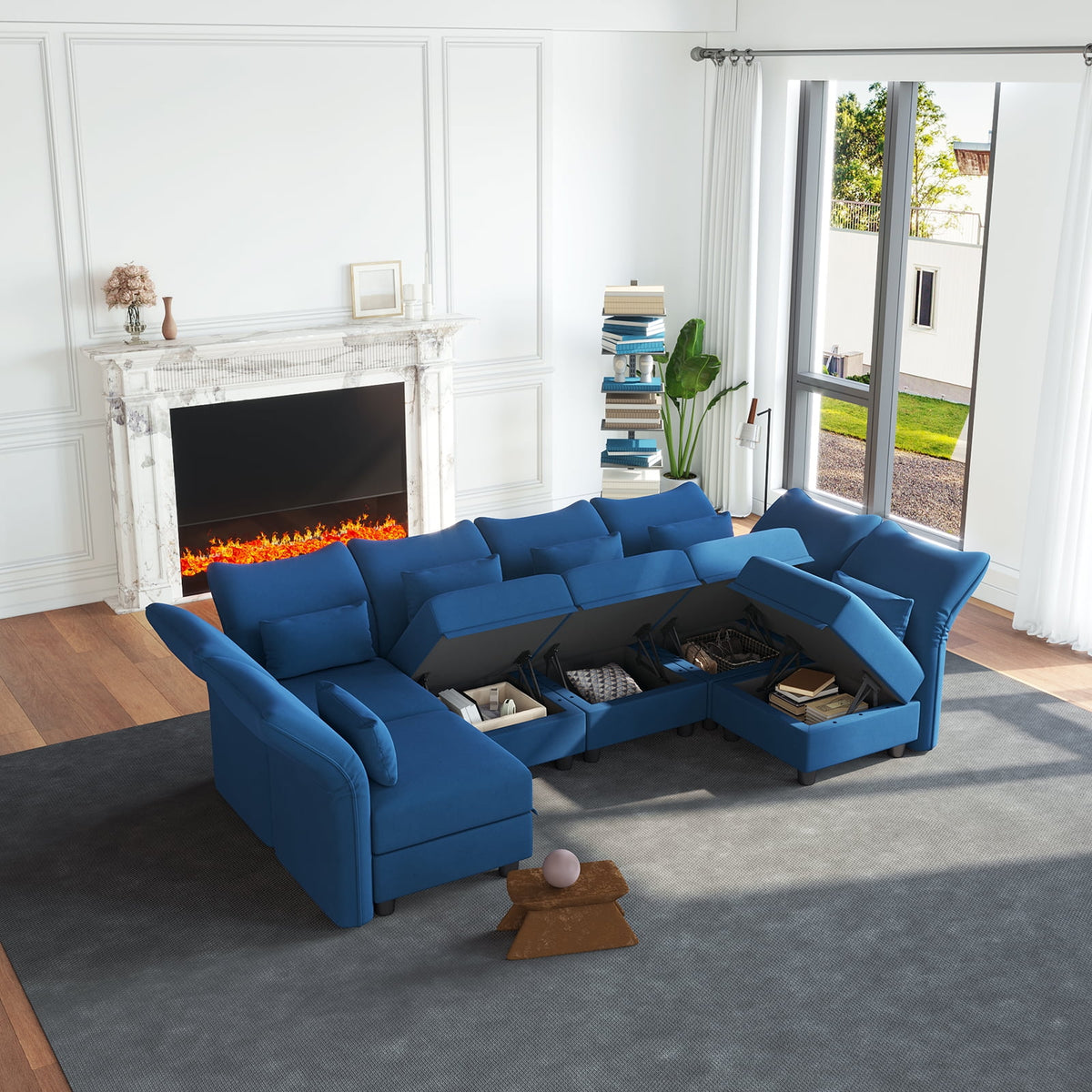 Blue Velvet U Shaped Modular Sectional Sofa with Storage Chaise V8689