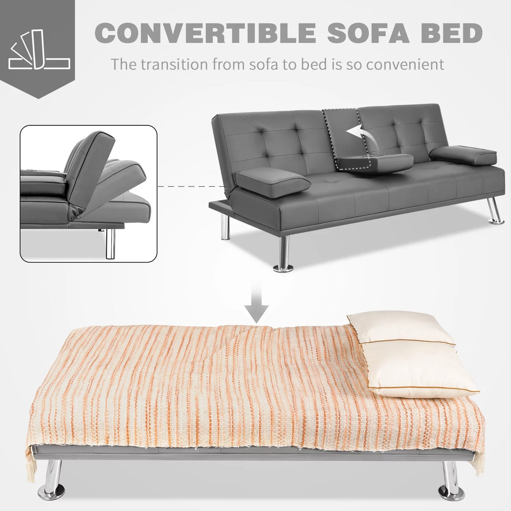 Gray Faux Leather Convertible Futon Sofa Bed with 2 Cup Holders W43284
