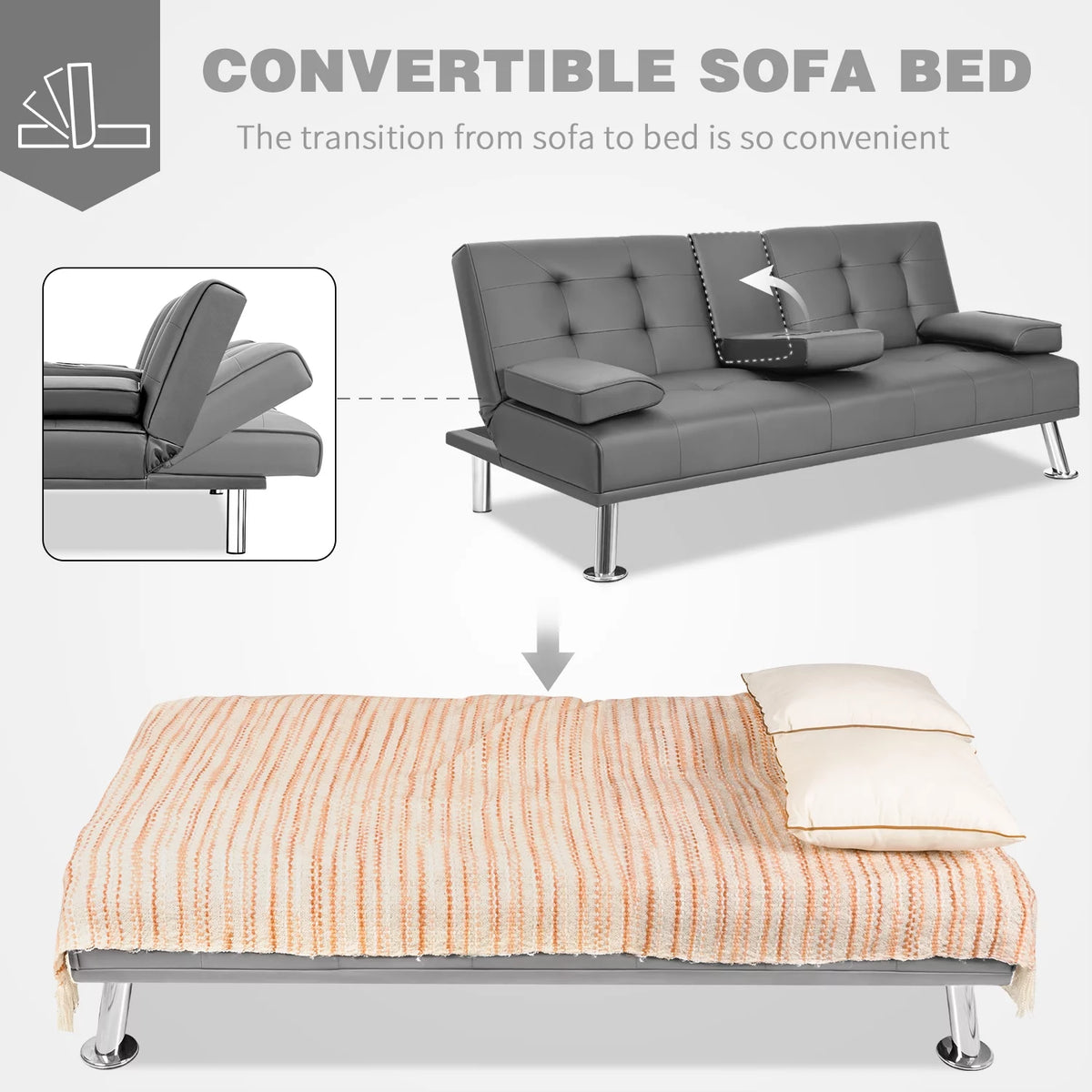 Gray Faux Leather Convertible Futon Sofa Bed with 2 Cup Holders W43284