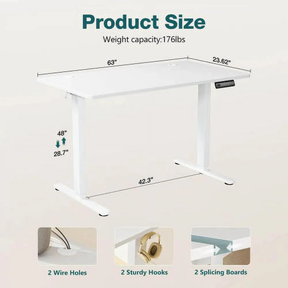 Electric Height Adjustable Standing Desk White 63'' x 24" Z79512