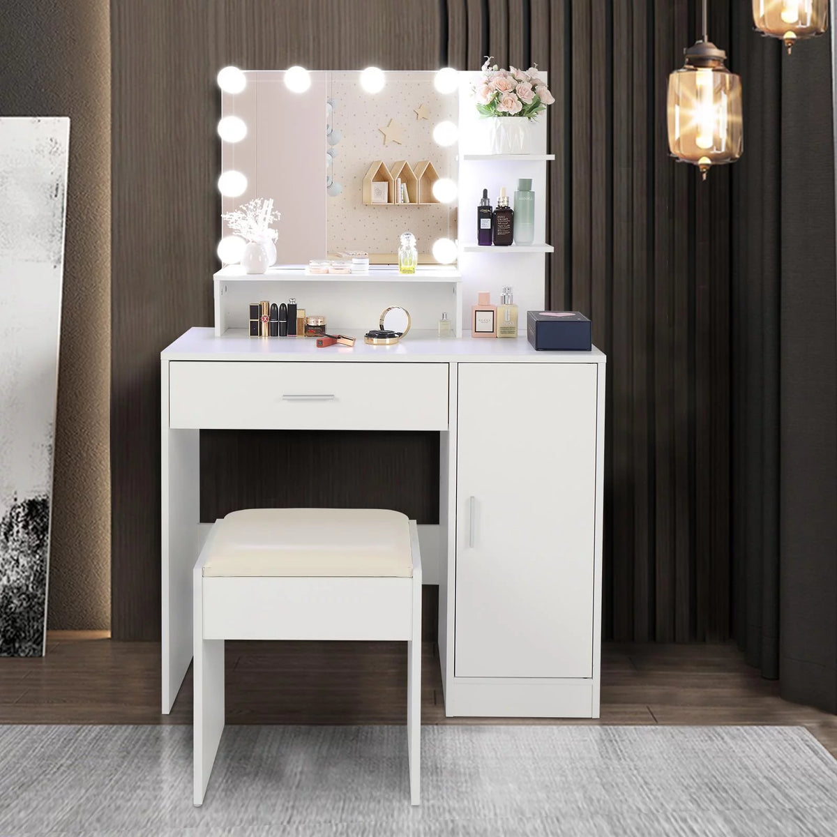 White Vanity Set with Lighted Mirror, Stool and Storage Shelves F3711