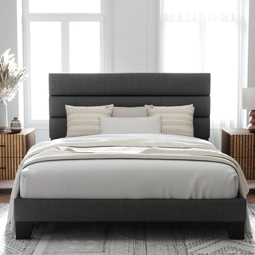 Queen Size Fabric Upholstered Platform Bed Frame with Wooden Slats U173