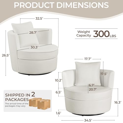 White Boucle Swivel Accent Chair with Throw Pillow G104
