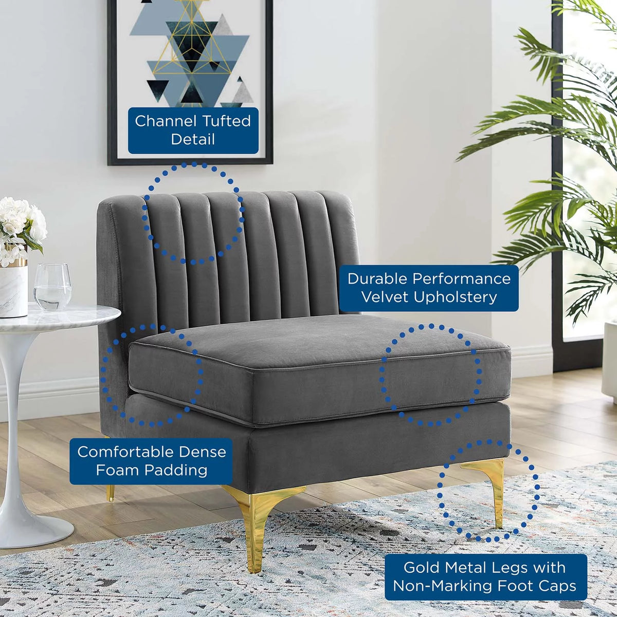 Gray Channel Tufted Performance Velvet Armless Chair A71000