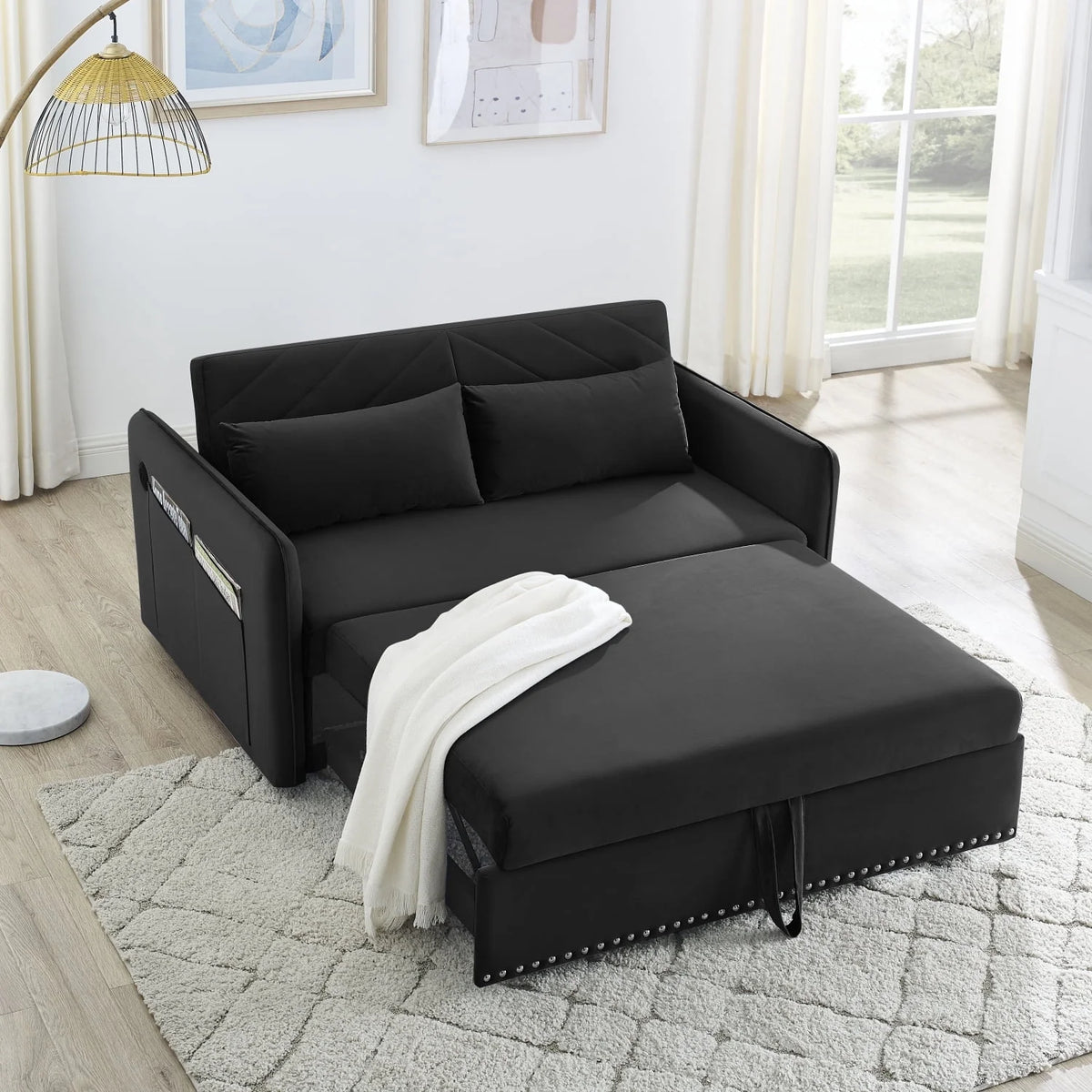 Black Velvet Pull-out Sofa Sleeper Y95492