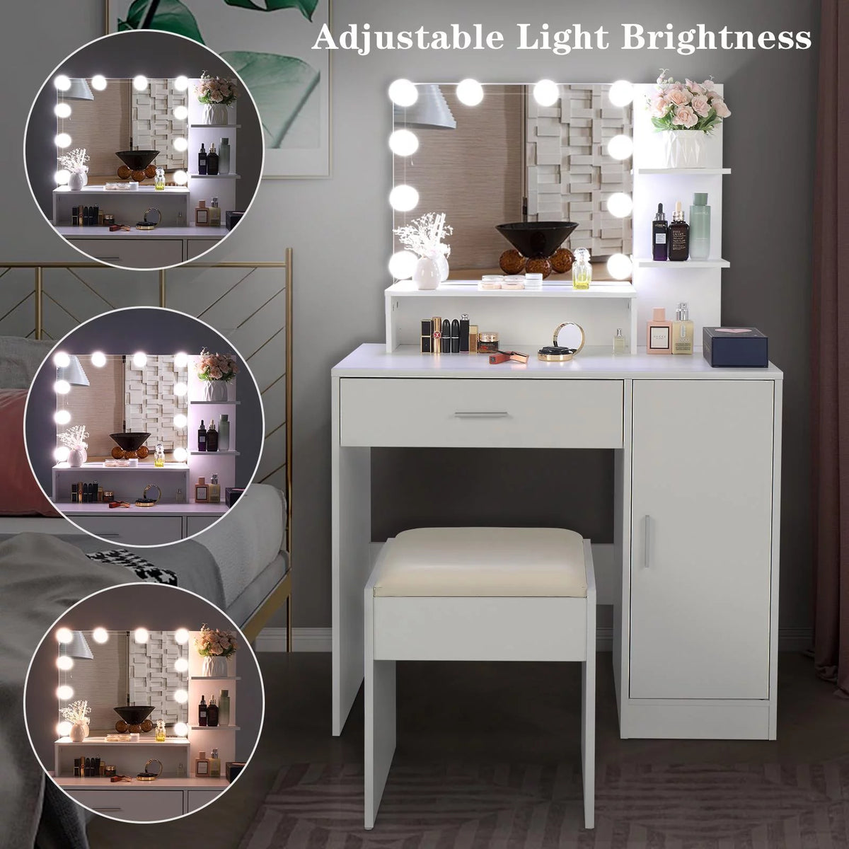 White Vanity Set with Lighted Mirror, Stool and Storage Shelves F3711