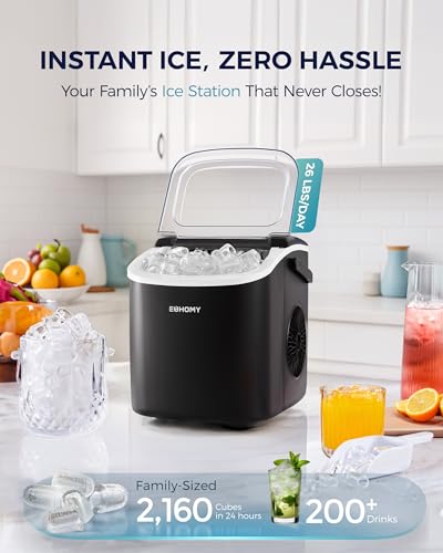 Countertop Ice Maker Machine with Handle, 26lbs in 24Hrs, 9 Ice Cubes Ready in 6 Mins, Auto-Cleaning Portable Ice Maker with Basket and Scoop (Black) C27627