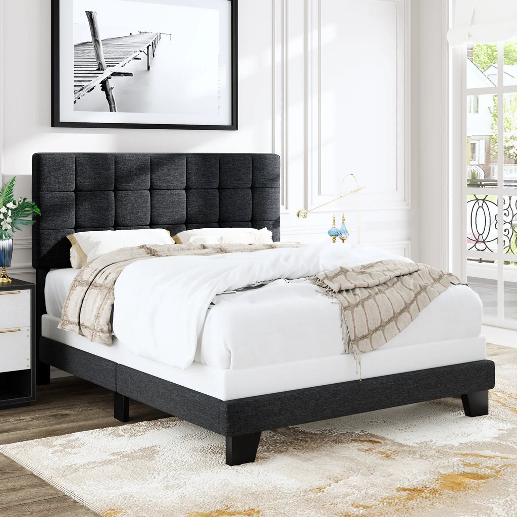 Queen Size Grey Upholstered Panel Platform Bed Frame V7536