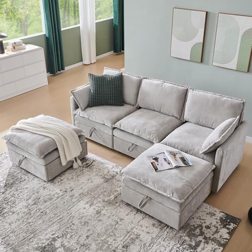 Beige White Chenille L-Shape Sectional Sofa with Ottoman X4405