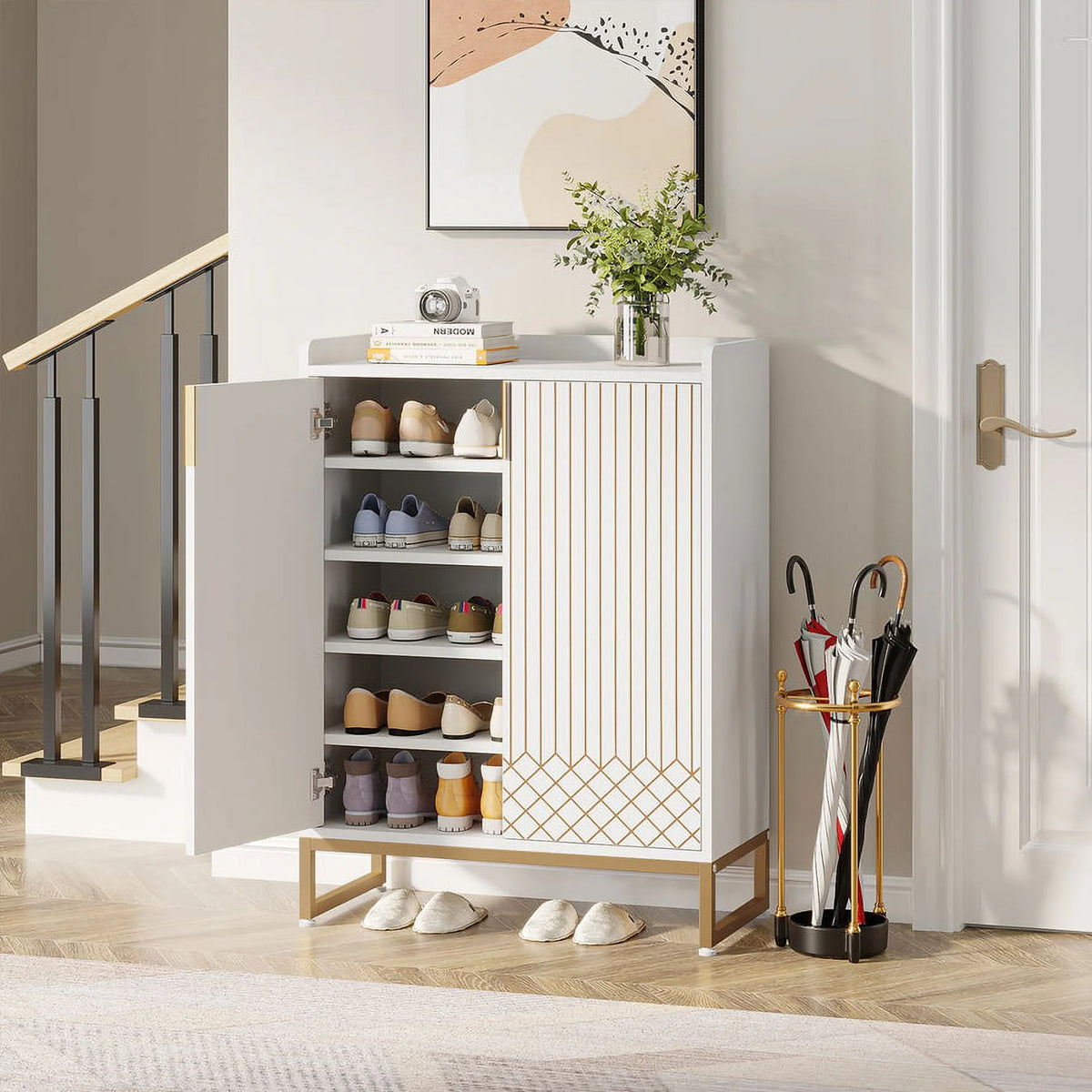 White and Gold 25 Pairs 5-Tier Shoe Cabinet D5075