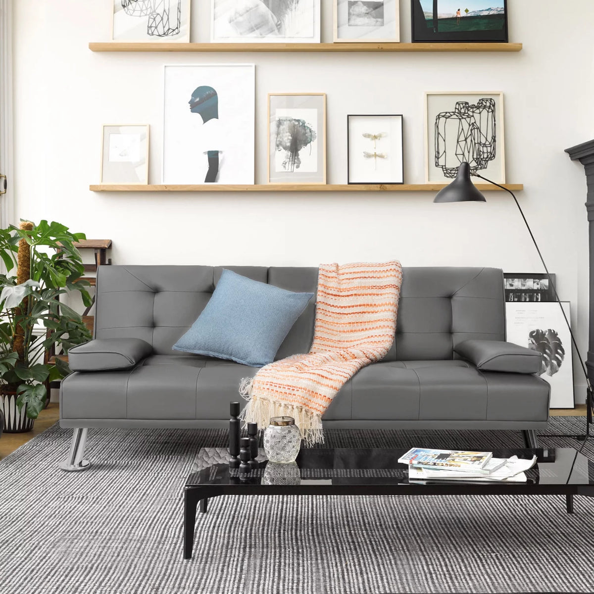 Gray Faux Leather Convertible Futon Sofa Bed with 2 Cup Holders W43284