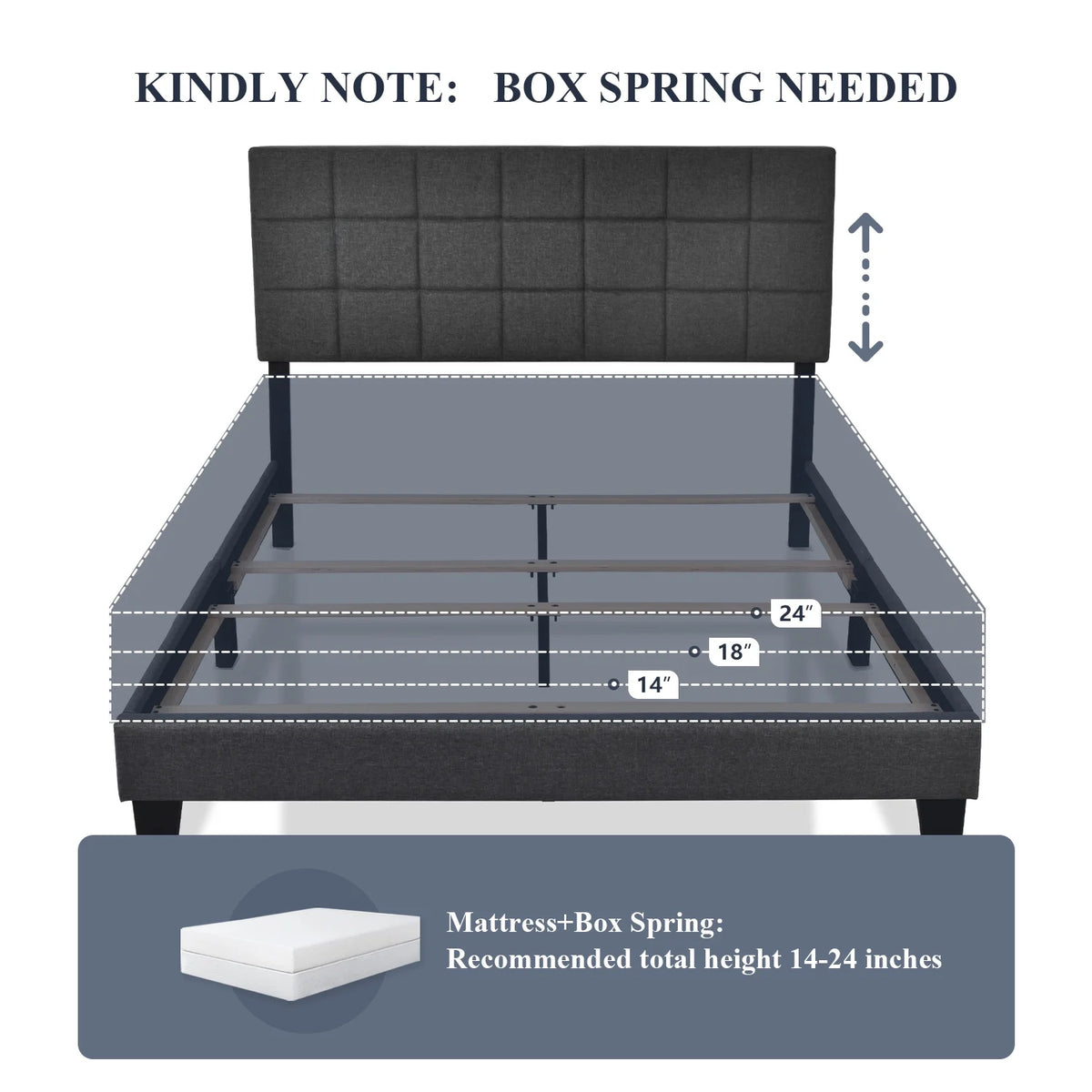 Queen Size Grey Upholstered Panel Platform Bed Frame V7536