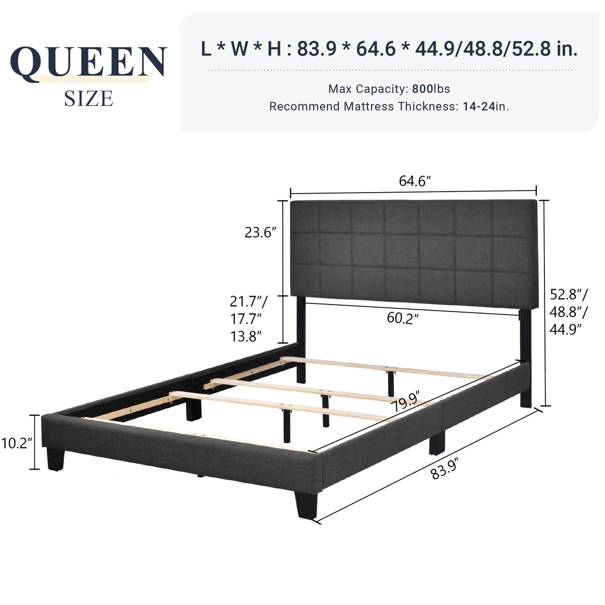Queen Size Grey Upholstered Panel Platform Bed Frame V7536
