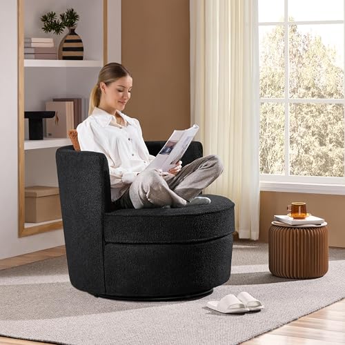 White Boucle Swivel Accent Chair with Throw Pillow G104
