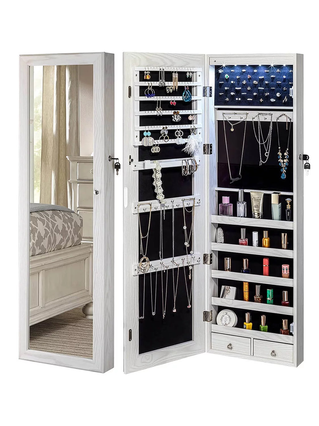 White Wall-Mounted Jewelry Cabinet with LED Lights N892