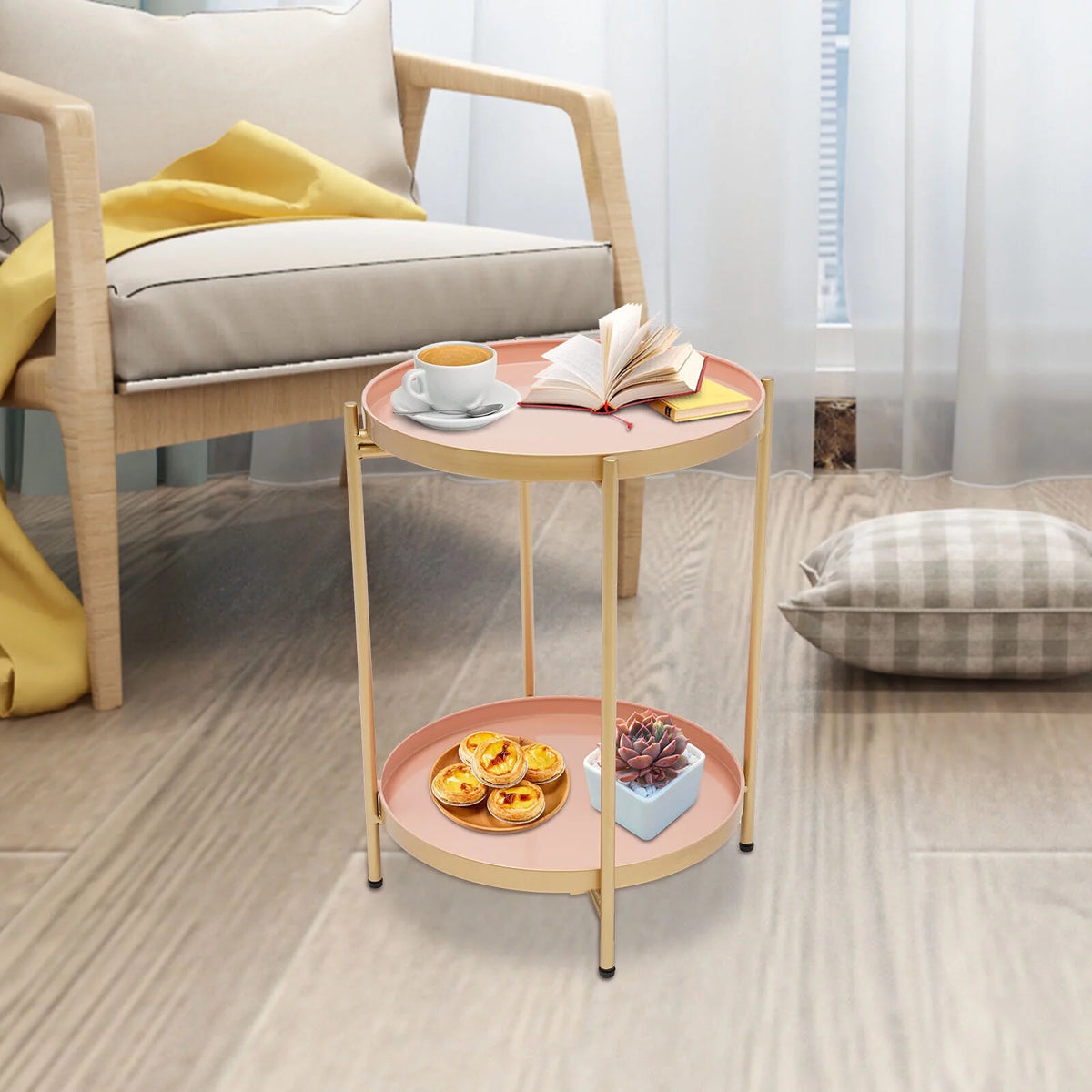 2 Tier Round Metal Side Table with Removable Tray T853489
