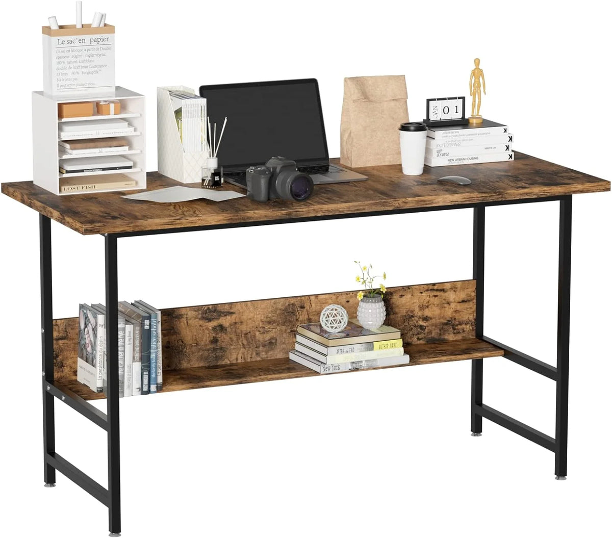 55" Wood Office Desk with Metal Legs and Book Shelf P936281