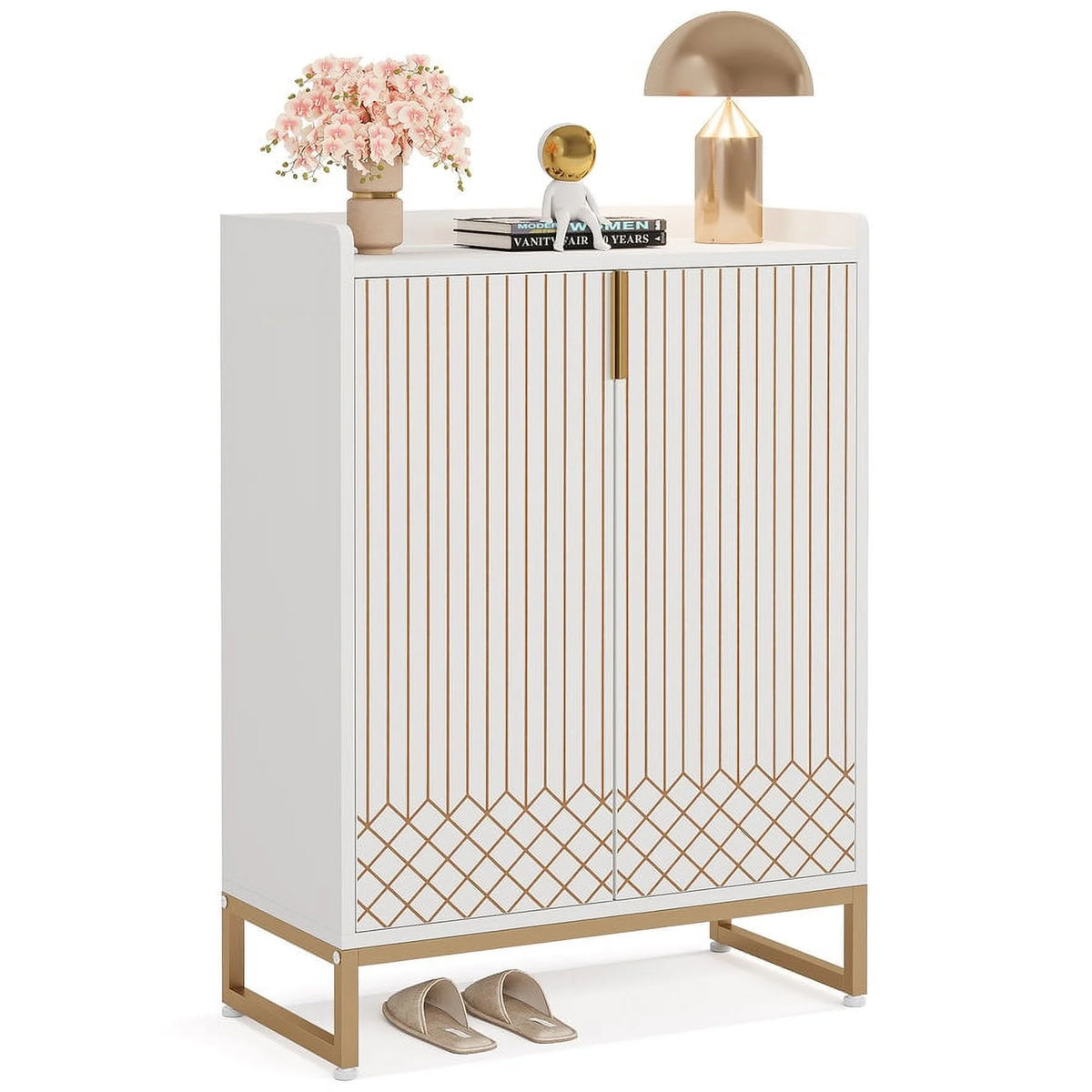 White and Gold 25 Pairs 5-Tier Shoe Cabinet D5075