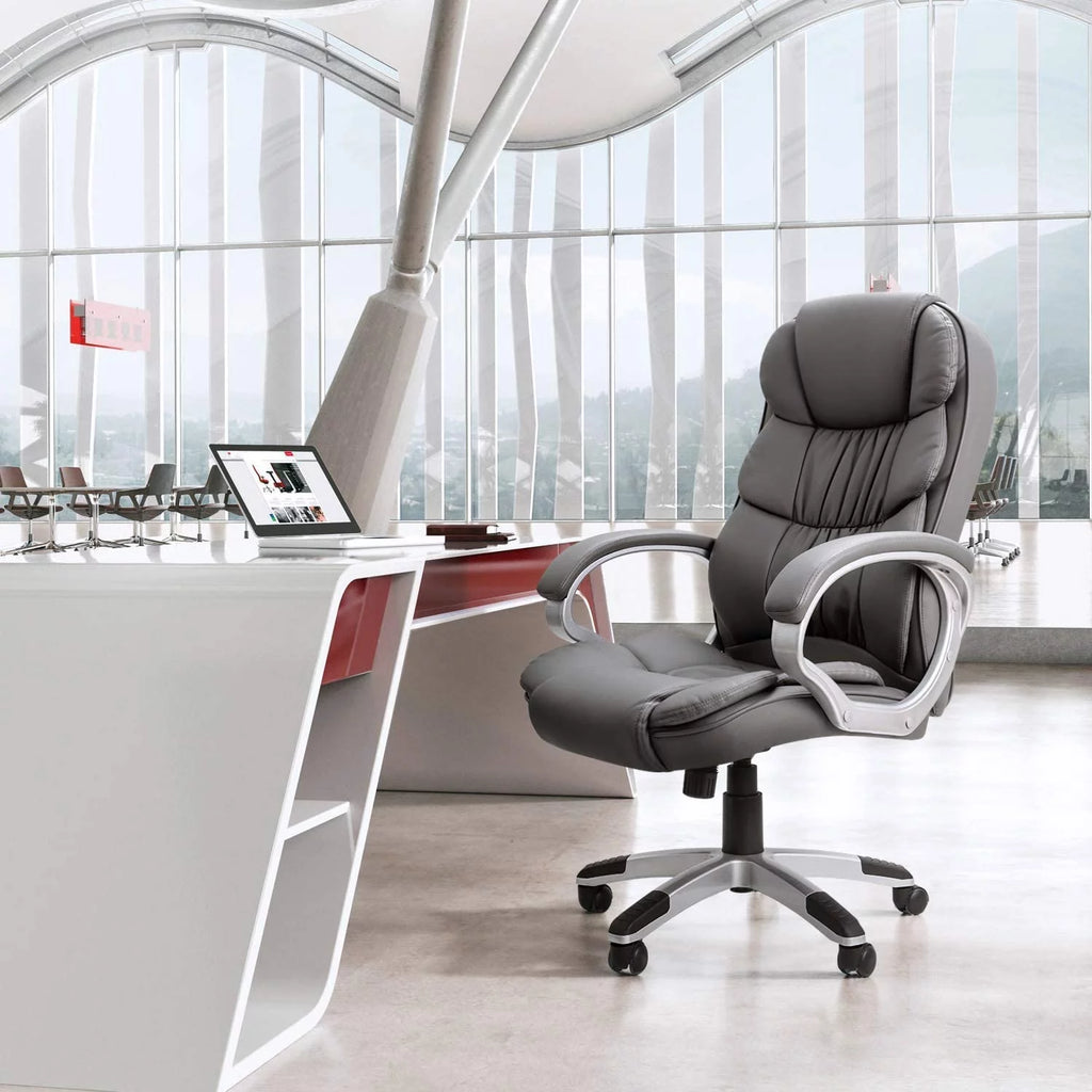 Gray High Back Leather Office Chair with Lumbar Support P61366