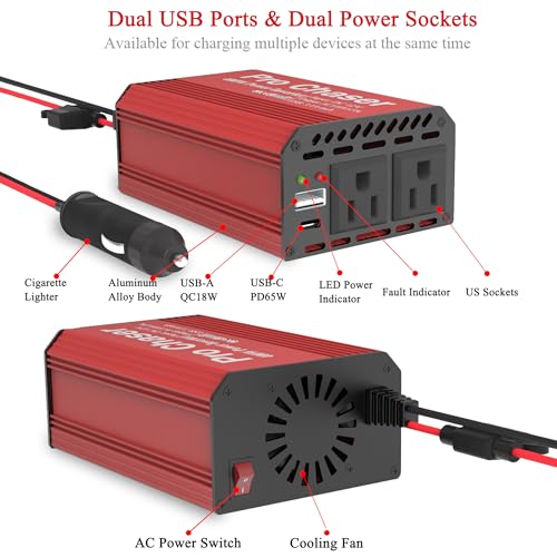 400W Vehicle Power Inverter, 12V DC to 110V AC, Dual AC Outlets, USB-A & USB-C Ports R3274