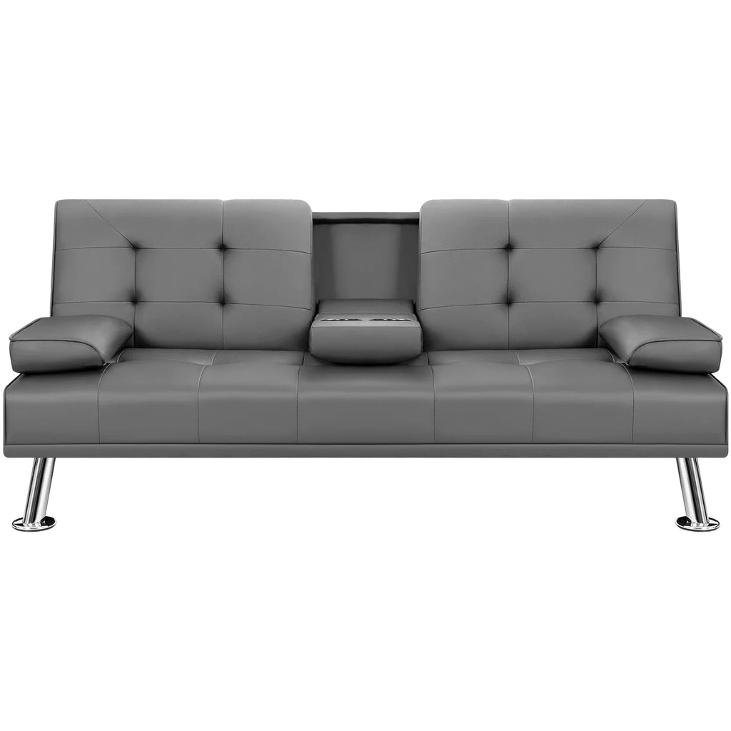 Gray Faux Leather Convertible Futon Sofa Bed with 2 Cup Holders W43284
