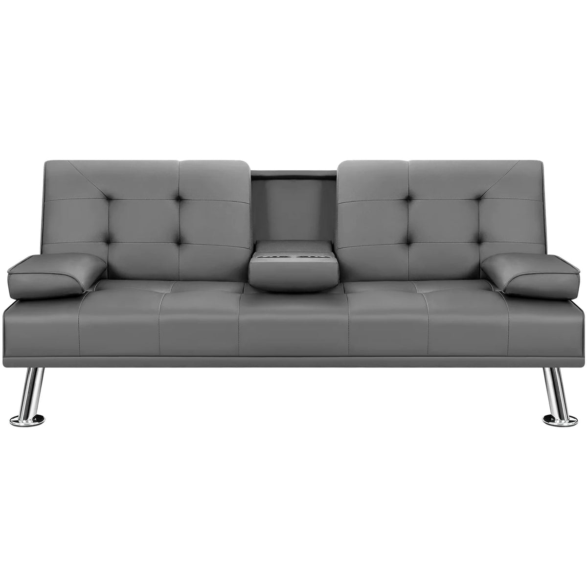 Gray Faux Leather Convertible Futon Sofa Bed with 2 Cup Holders W43284