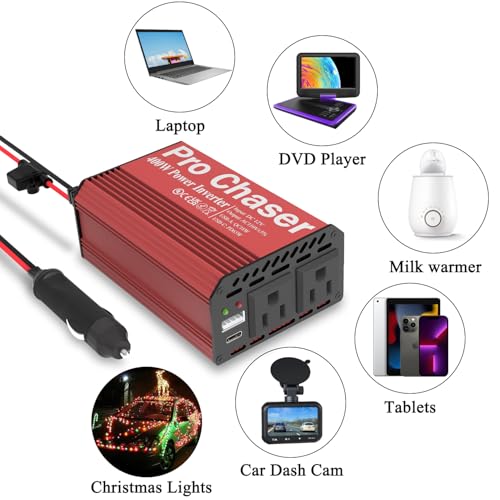 400W Vehicle Power Inverter, 12V DC to 110V AC, Dual AC Outlets, USB-A & USB-C Ports R3274