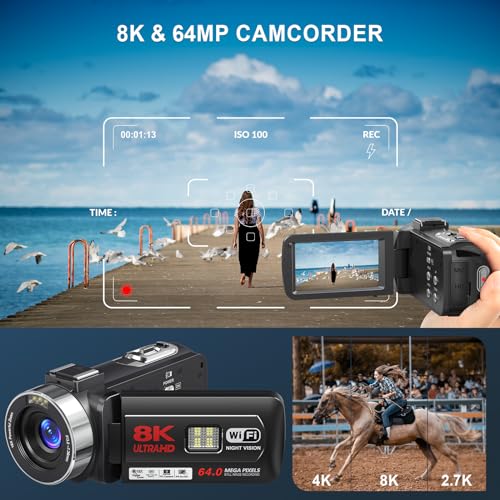 8K Video Camera Camcorder, 64MP IR Night Vision Vlogging Camera, 18X Zoom WiFi Digital Touch Screen Camcorder with 32G SD Card M612