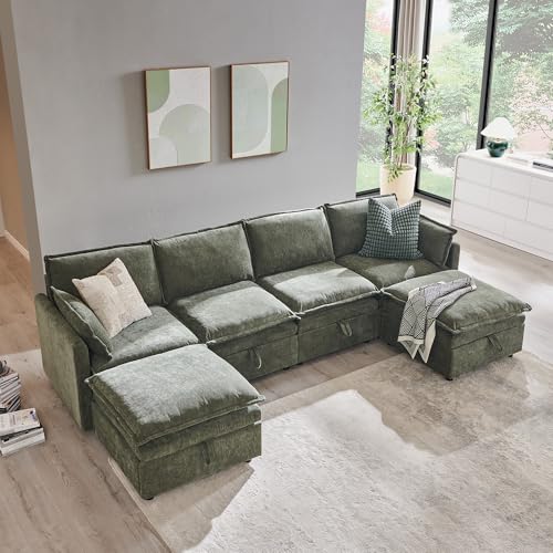 Beige White Chenille L-Shape Sectional Sofa with Ottoman X4405