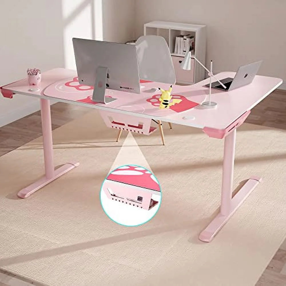 Pink L Shape Gaming Desk with Cable Management P366