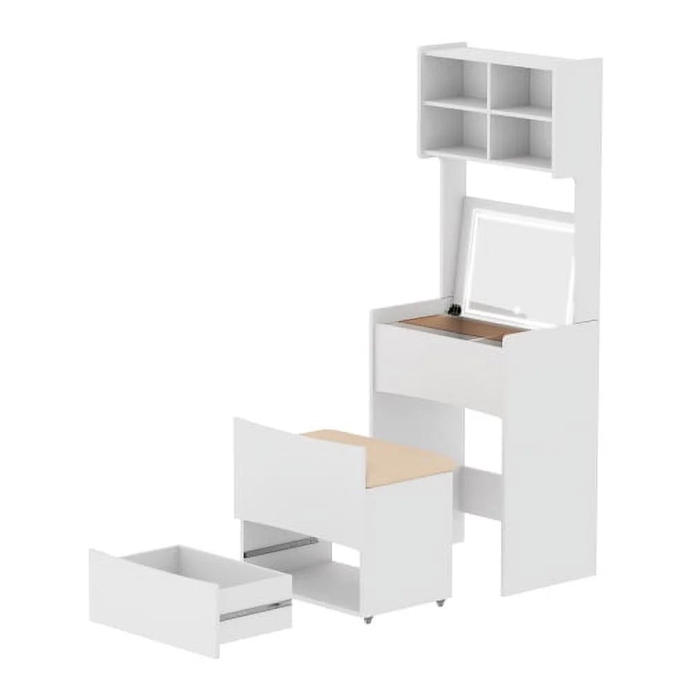 White Compact Vanity Desk Set with Flip Top Mirror and Stool X815