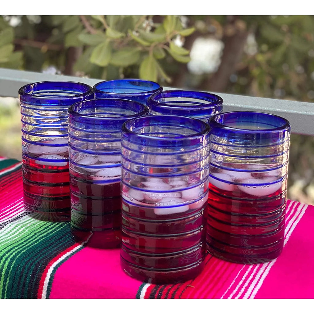 Hand Blown Drinking Glasses Set of 6 Blue Spiral 14 oz N84912