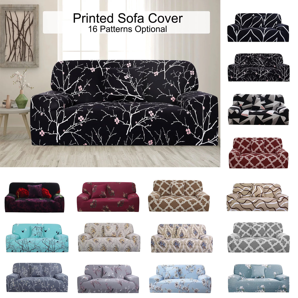 Black White Branches Sofa Slipcover P9302