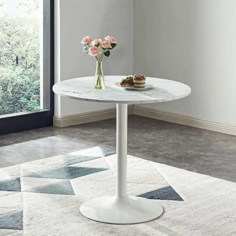 White Round Dining Table with Faux Marble Top E9976