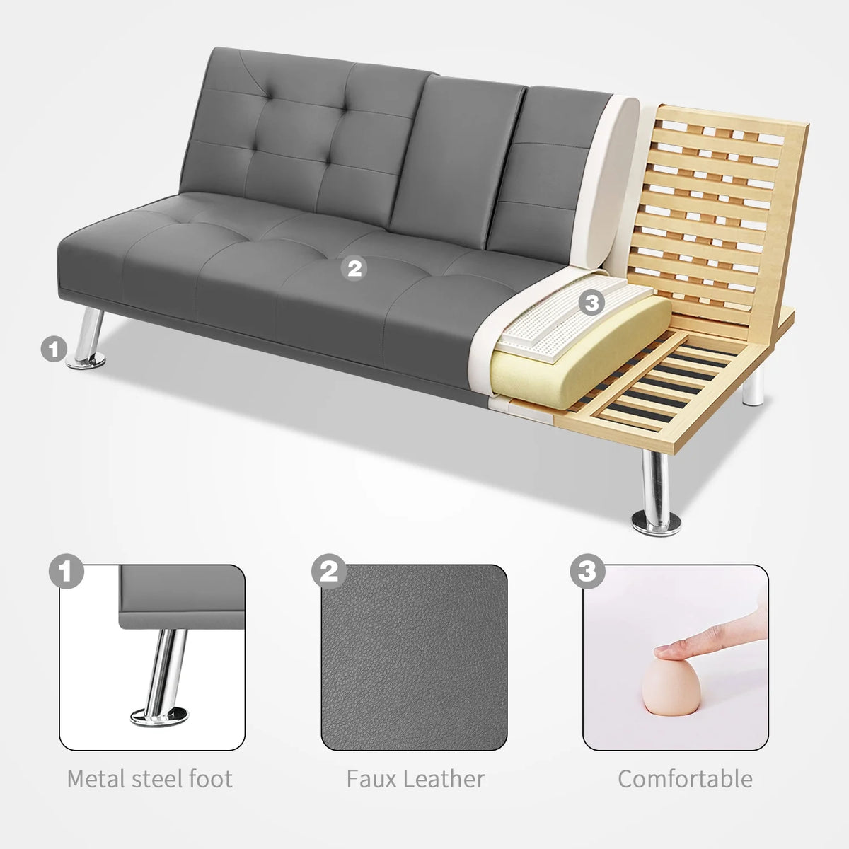 Gray Faux Leather Convertible Futon Sofa Bed with 2 Cup Holders W43284