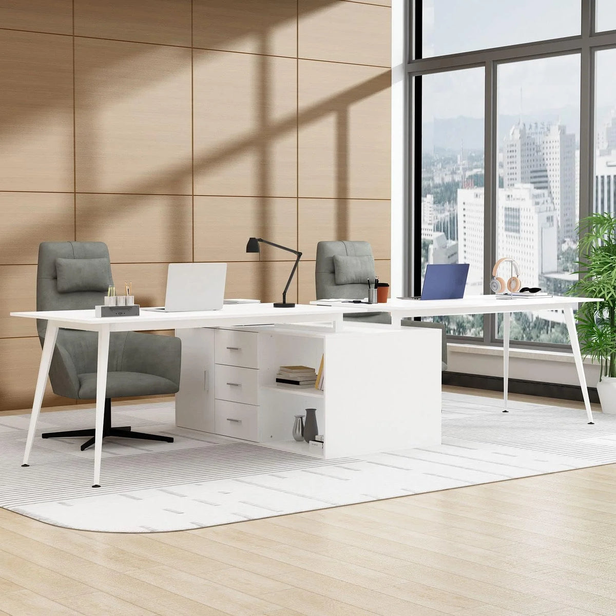 White L-Shaped Desk with 3 Drawers and Shelves A70408