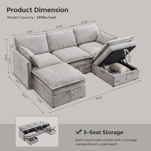 Beige White Chenille L-Shape Sectional Sofa with Ottoman X4405