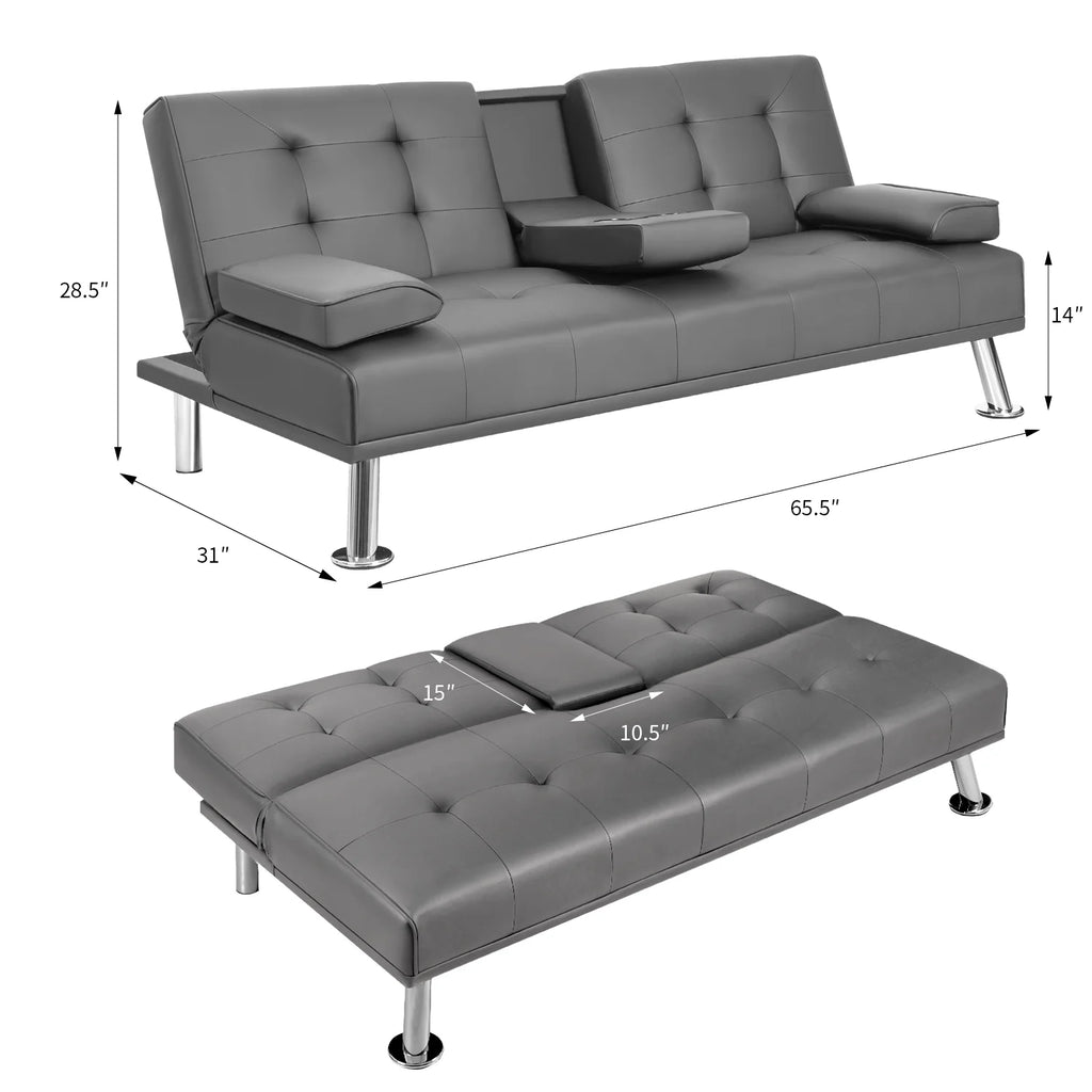 Gray Faux Leather Convertible Futon Sofa Bed with 2 Cup Holders W43284