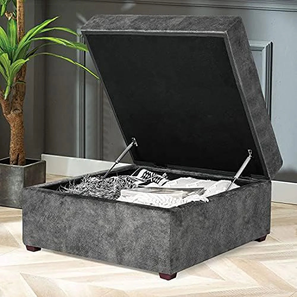 Square Upholstered Tufted Ottoman with Nailhead Trim Wood Legs M491