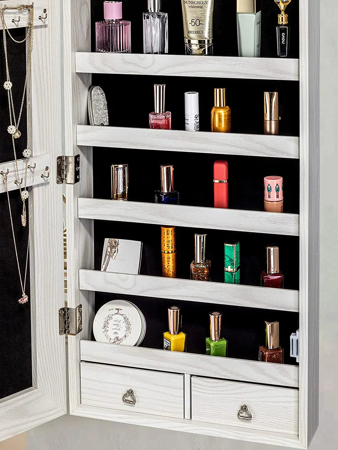 White Wall-Mounted Jewelry Cabinet with LED Lights N892