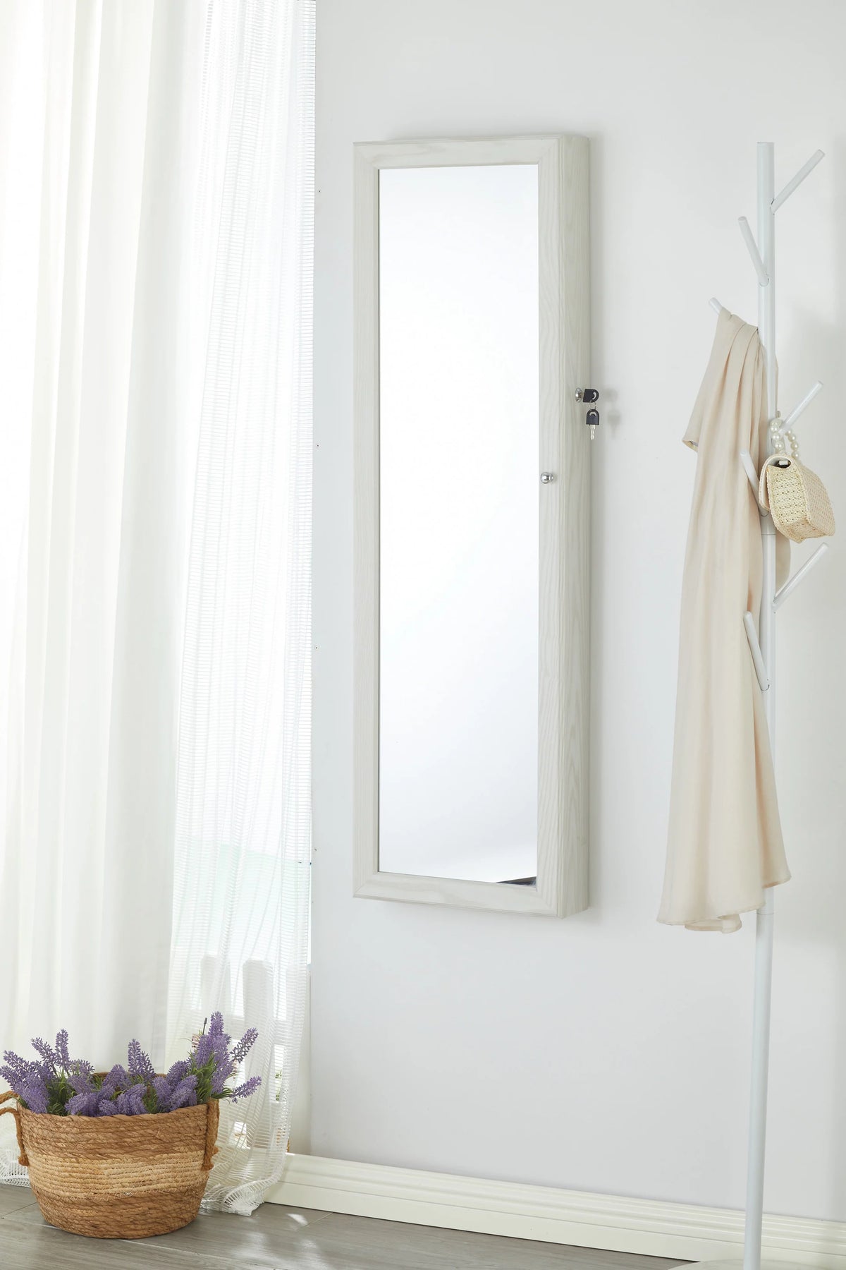 White Wall-Mounted Jewelry Cabinet with LED Lights N892