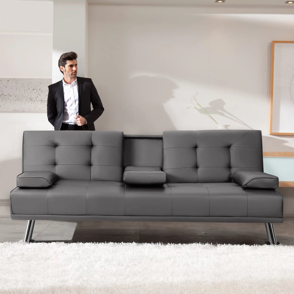 Gray Faux Leather Convertible Futon Sofa Bed with 2 Cup Holders W43284