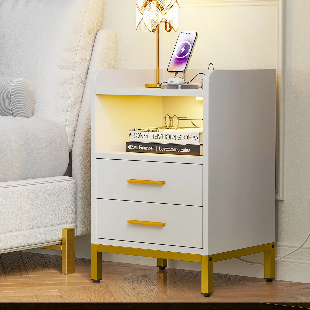 White 3 Drawer Side Table with Charging Station J680