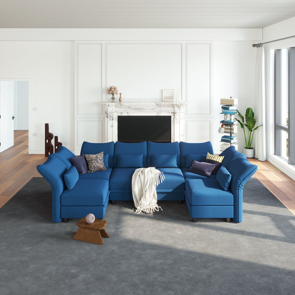 Blue Velvet U Shaped Modular Sectional Sofa with Storage Chaise V8689