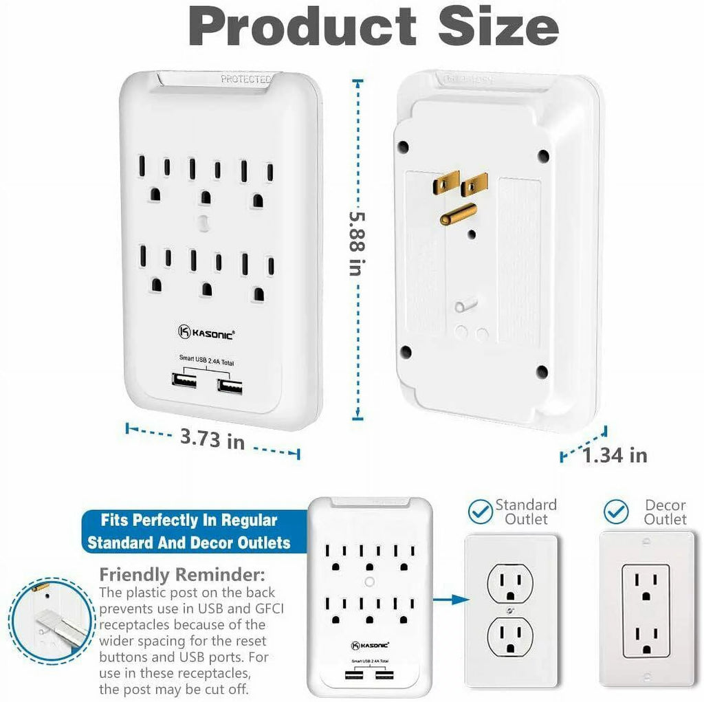 6-Outlet Wall Mount Surge Protector 2 Pack, 900 Joules with 2 USB Charging Ports C80785
