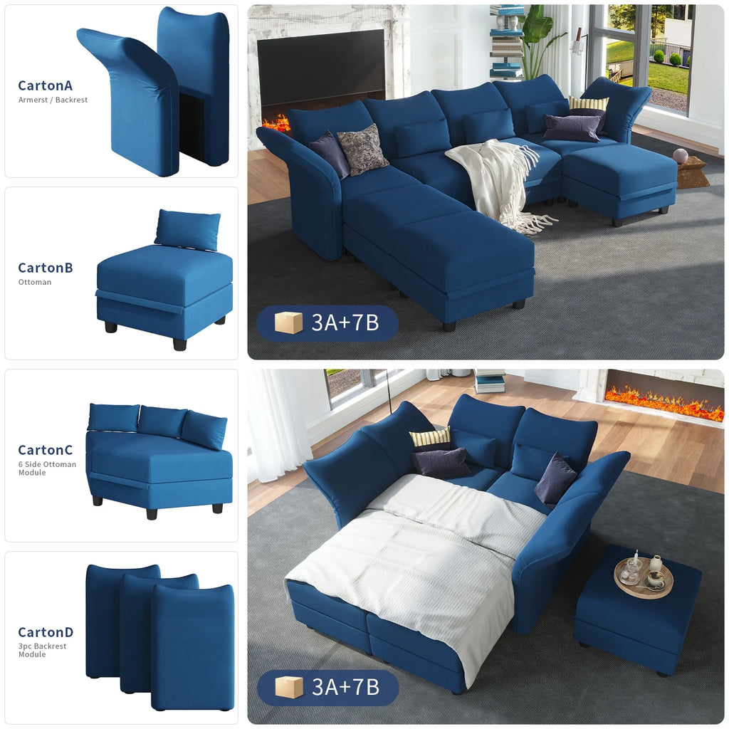 Blue Velvet U Shaped Modular Sectional Sofa with Storage Chaise V8689