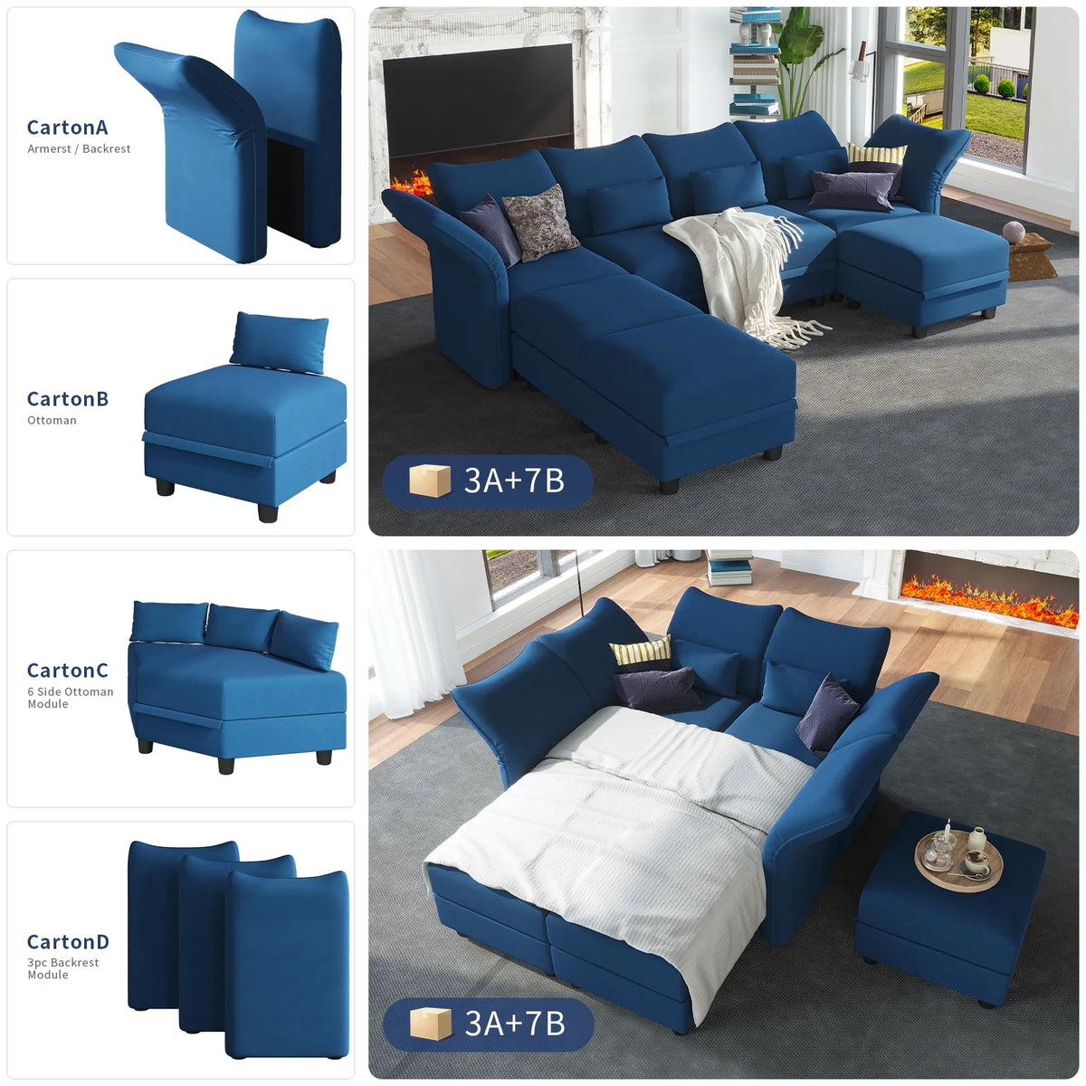 Blue Velvet U Shaped Modular Sectional Sofa with Storage Chaise V8689