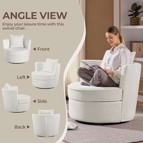White Boucle Swivel Accent Chair with Throw Pillow G104